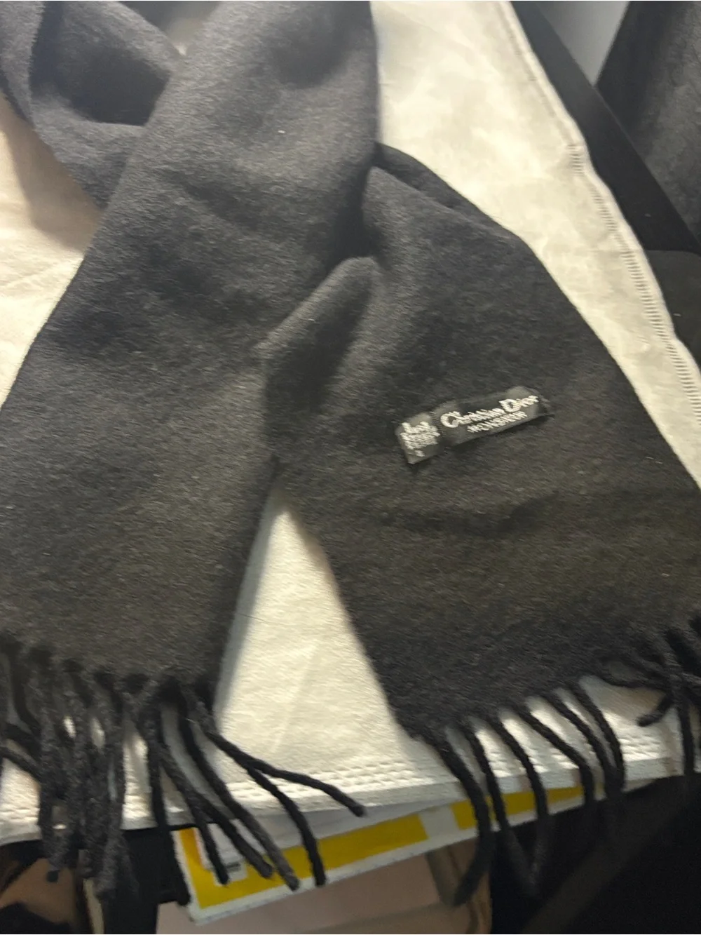 Dior  Black Fringe Wool Scarf with Christian Dior Tag - Picture 4 of 17